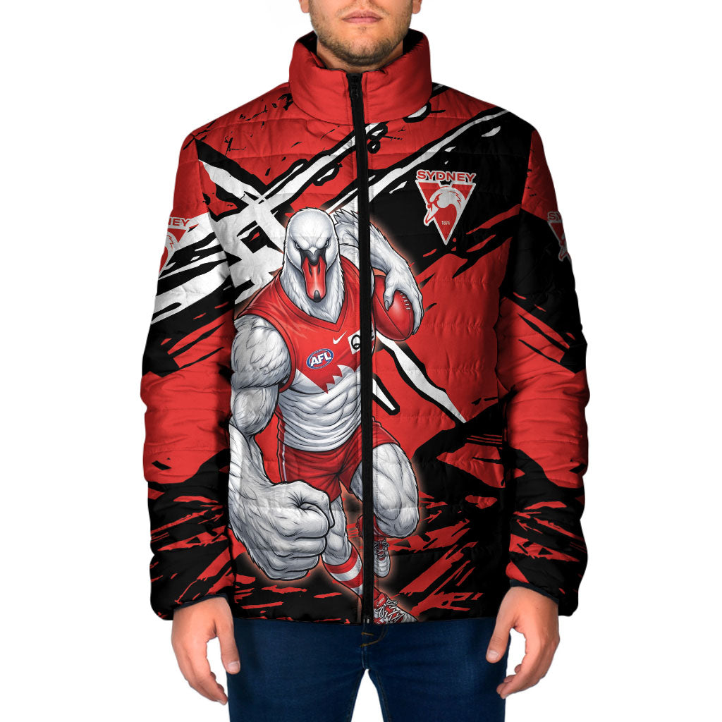 Sydney Swans Football Club Padded Jacket Swans Muscular Mascot Graphic - Abstract Paint Splatter Art