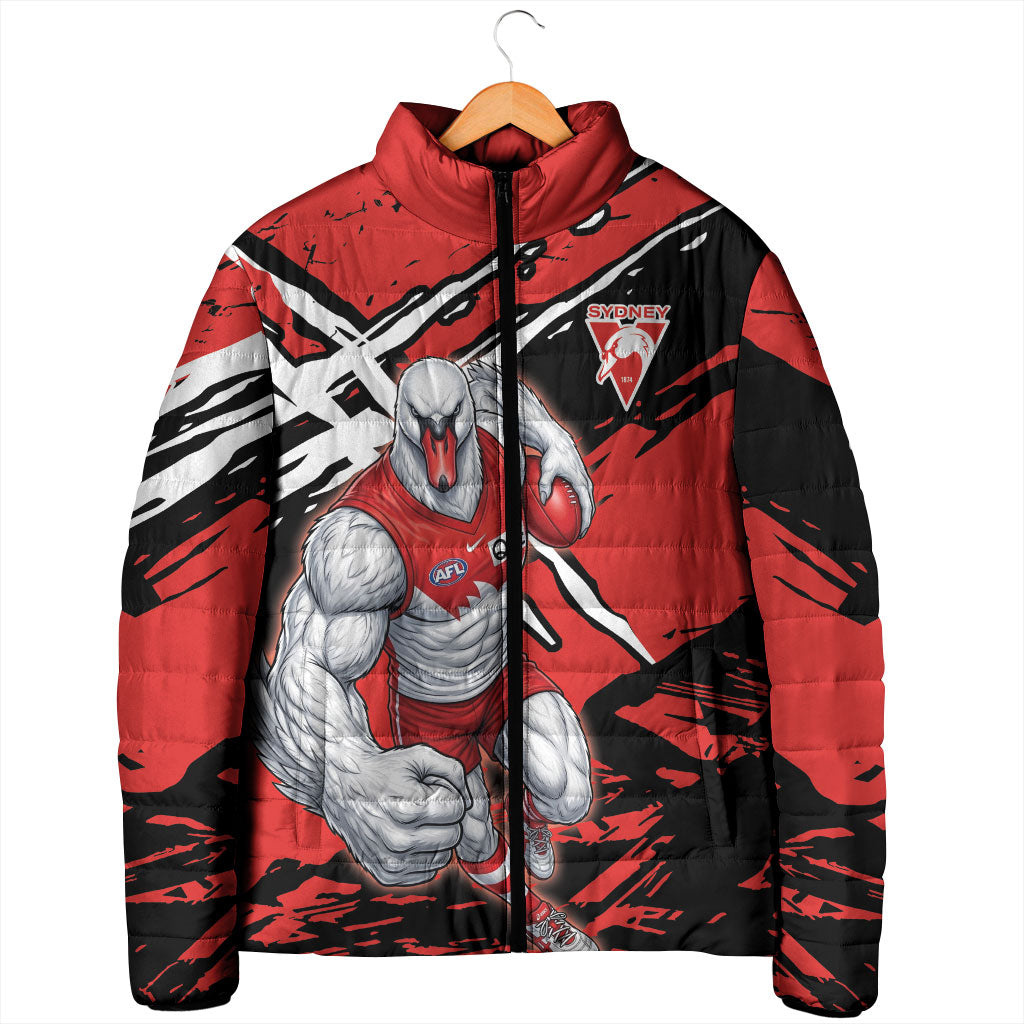 Sydney Swans Football Club Padded Jacket Swans Muscular Mascot Graphic - Abstract Paint Splatter Art