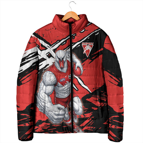 Sydney Swans Football Club Padded Jacket Swans Muscular Mascot Graphic - Abstract Paint Splatter Art
