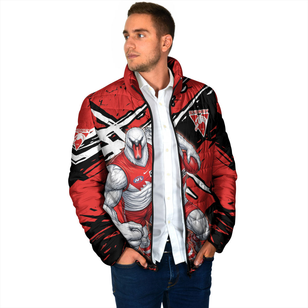 Sydney Swans Football Club Padded Jacket Swans Muscular Mascot Graphic - Abstract Paint Splatter Art
