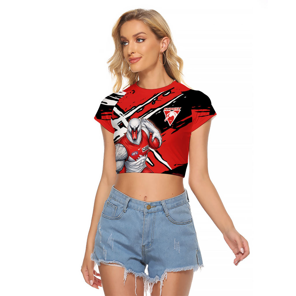 Sydney Swans Football Club Raglan Cropped T Shirt Swans Muscular Mascot Graphic - Abstract Paint Splatter Art