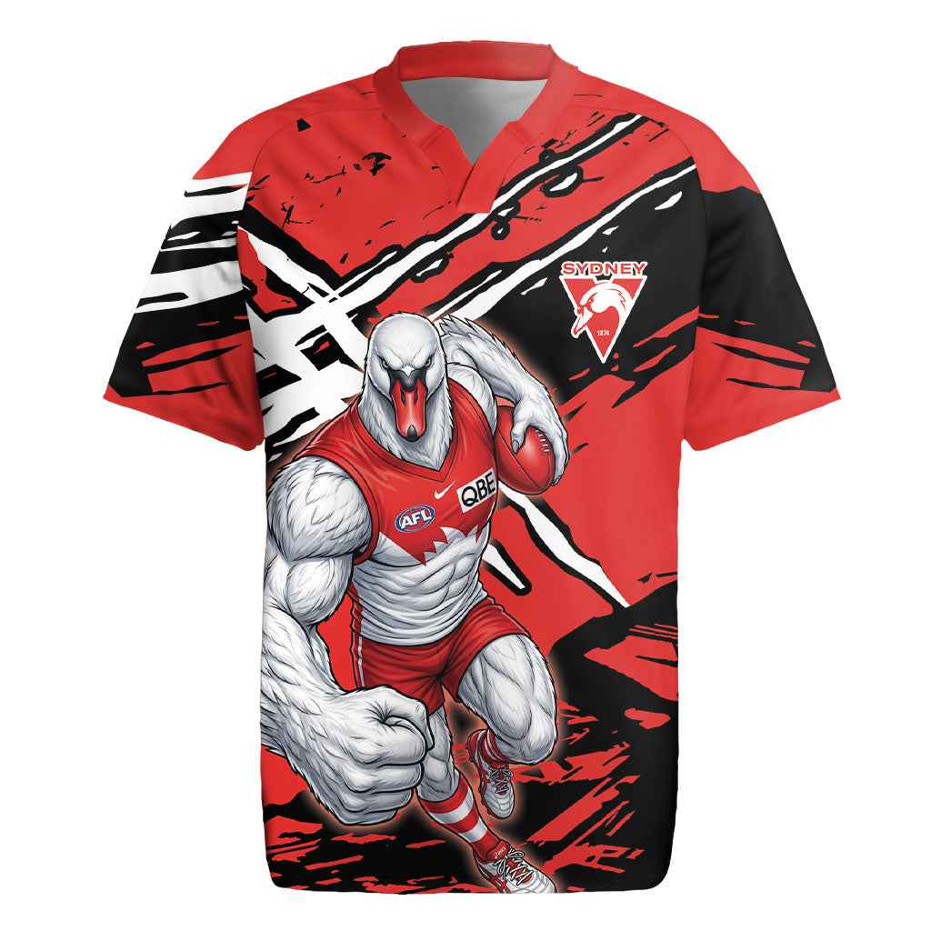 Sydney Swans Football Club Rugby Jersey Swans Muscular Mascot Graphic - Abstract Paint Splatter Art