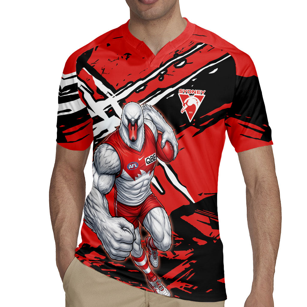 Sydney Swans Football Club Rugby Jersey Swans Muscular Mascot Graphic - Abstract Paint Splatter Art