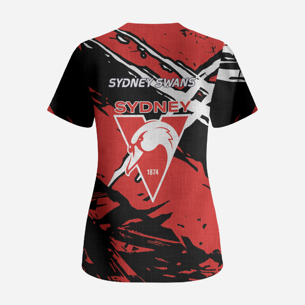 Sydney Swans Football Club Scrub Top Swans Muscular Mascot Graphic - Abstract Paint Splatter Art
