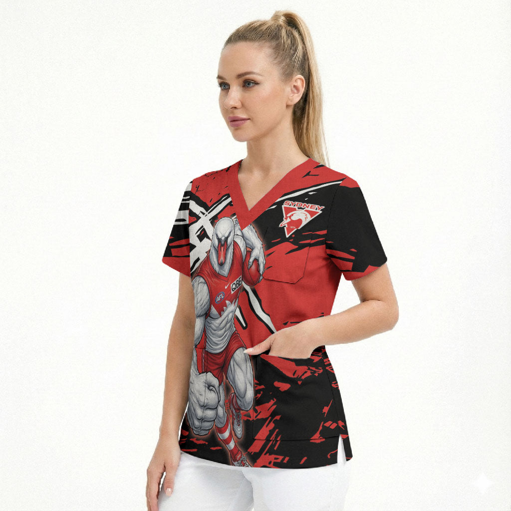 Sydney Swans Football Club Scrub Top Swans Muscular Mascot Graphic - Abstract Paint Splatter Art