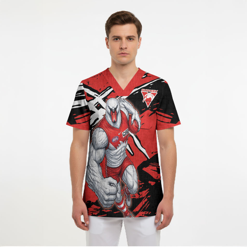 Sydney Swans Football Club Scrub Top Swans Muscular Mascot Graphic - Abstract Paint Splatter Art