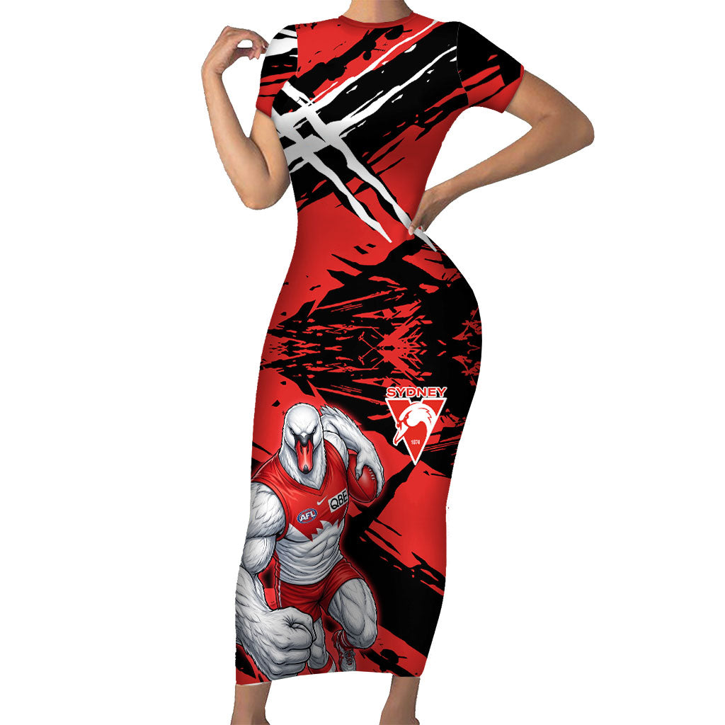 Sydney Swans Football Club Short Sleeve Bodycon Dress Swans Muscular Mascot Graphic - Abstract Paint Splatter Art