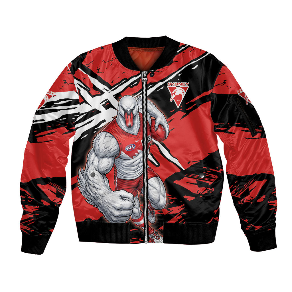 Sydney Swans Football Club Sleeve Zip Bomber Jacket Swans Muscular Mascot Graphic - Abstract Paint Splatter Art