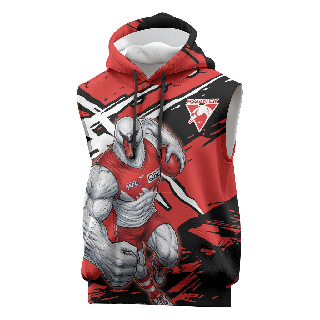 Sydney Swans Football Club Sleeveless Hoodie Swans Muscular Mascot Graphic - Abstract Paint Splatter Art