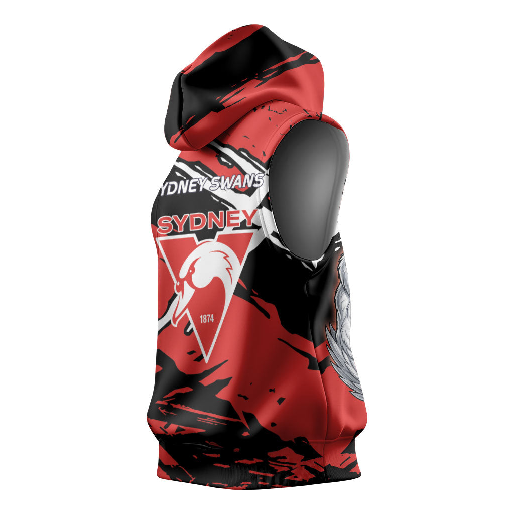 Sydney Swans Football Club Sleeveless Hoodie Swans Muscular Mascot Graphic - Abstract Paint Splatter Art