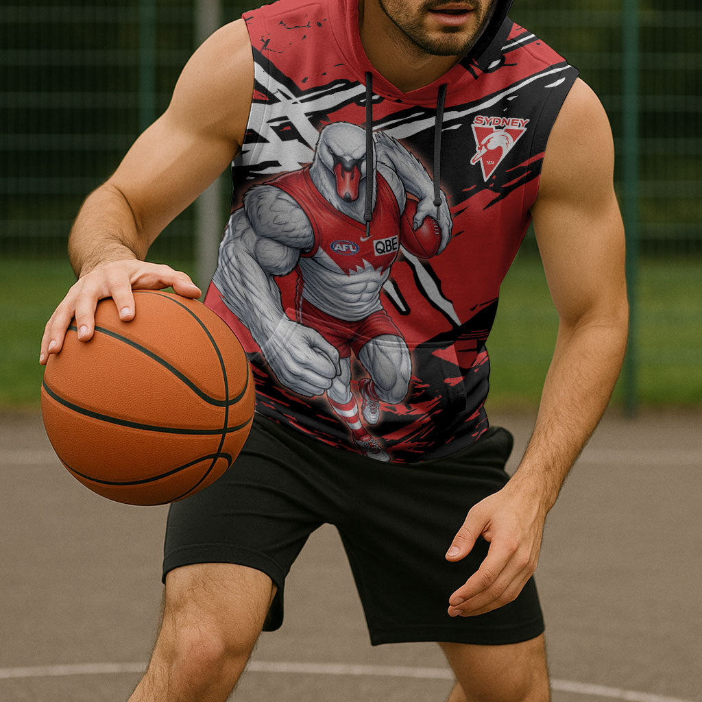 Sydney Swans Football Club Sleeveless Hoodie Swans Muscular Mascot Graphic - Abstract Paint Splatter Art