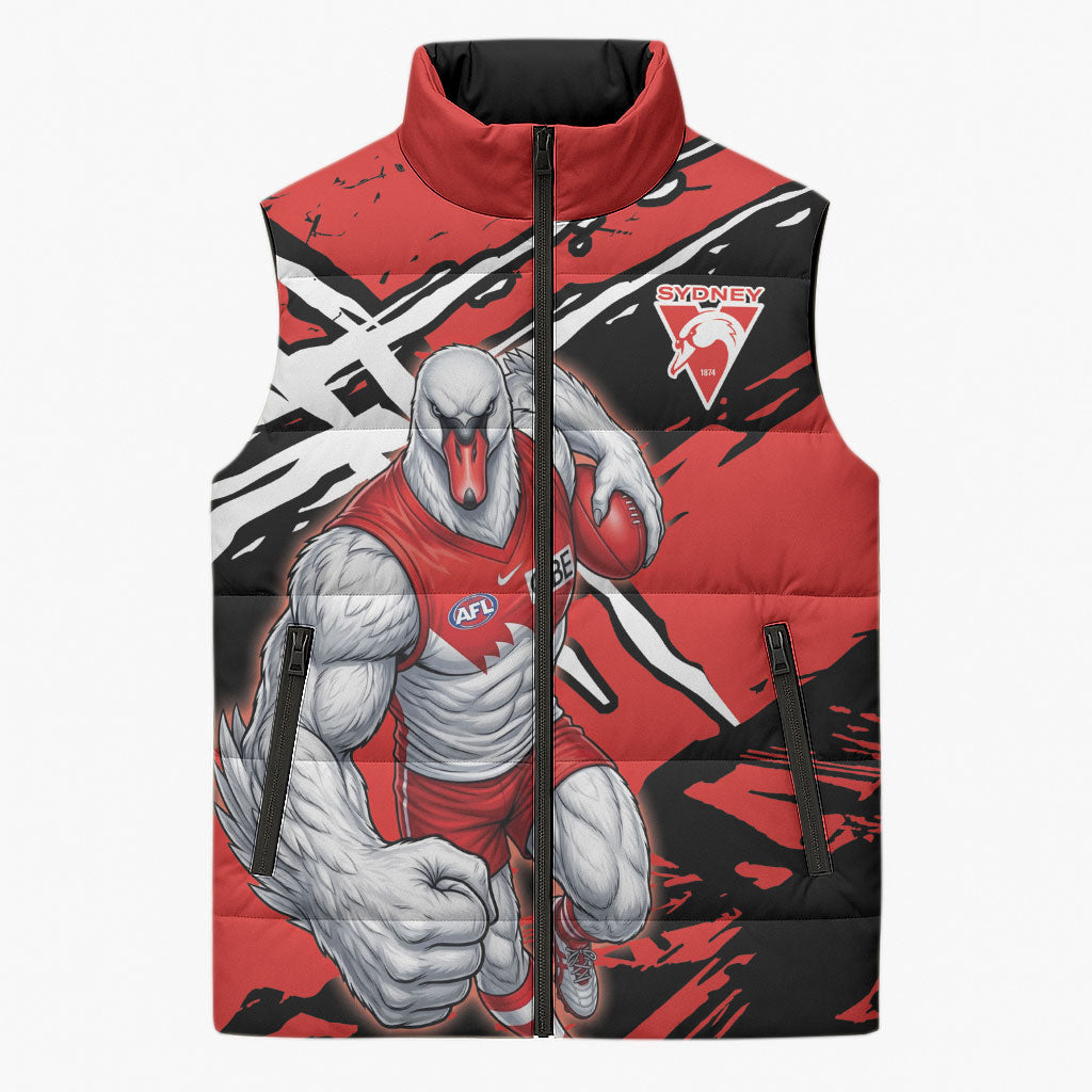 Sydney Swans Football Club Sleeveless Puffer Jacket Swans Muscular Mascot Graphic - Abstract Paint Splatter Art