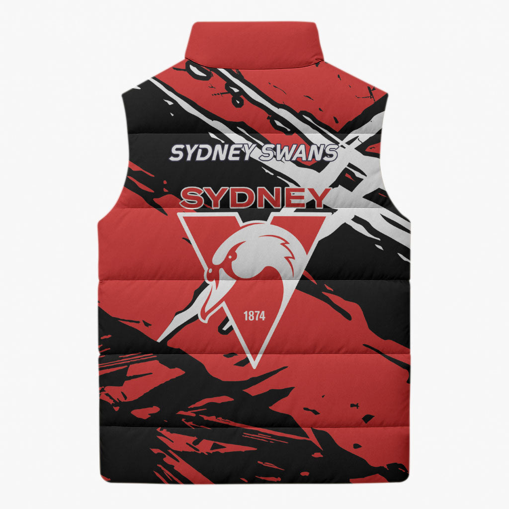 Sydney Swans Football Club Sleeveless Puffer Jacket Swans Muscular Mascot Graphic - Abstract Paint Splatter Art
