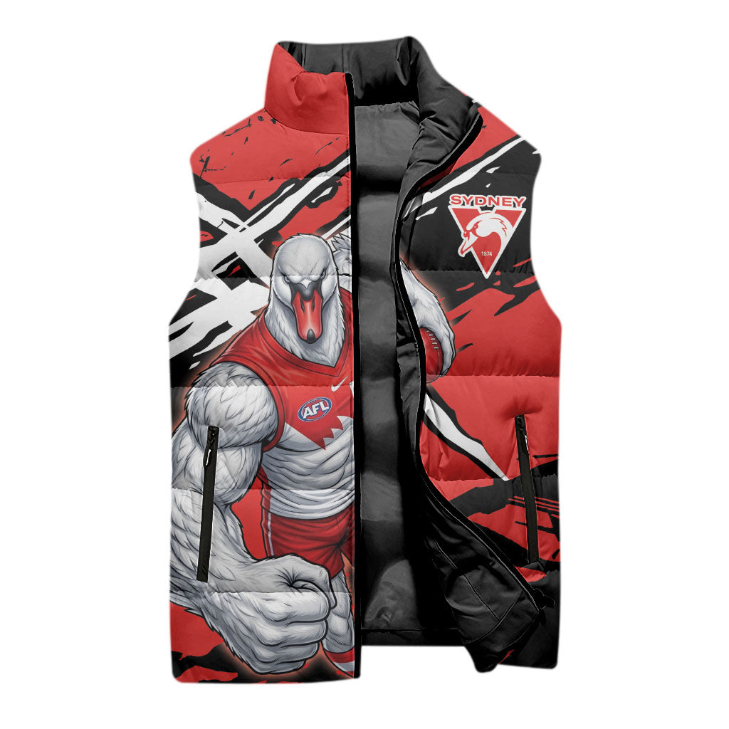Sydney Swans Football Club Sleeveless Puffer Jacket Swans Muscular Mascot Graphic - Abstract Paint Splatter Art