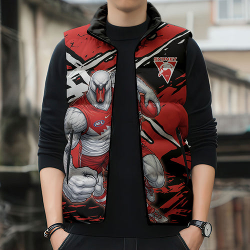 Sydney Swans Football Club Sleeveless Puffer Jacket Swans Muscular Mascot Graphic - Abstract Paint Splatter Art