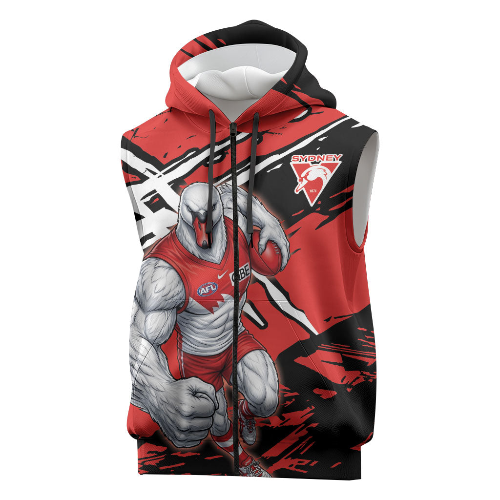 Sydney Swans Football Club Sleeveless Zip Hoodie Swans Muscular Mascot Graphic - Abstract Paint Splatter Art