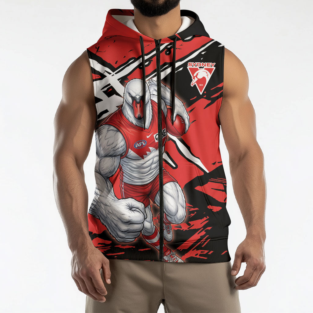 Sydney Swans Football Club Sleeveless Zip Hoodie Swans Muscular Mascot Graphic - Abstract Paint Splatter Art