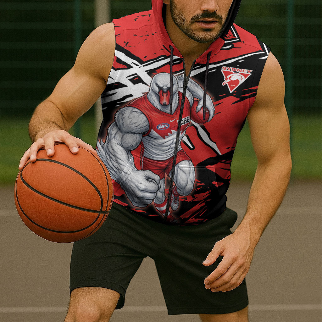 Sydney Swans Football Club Sleeveless Zip Hoodie Swans Muscular Mascot Graphic - Abstract Paint Splatter Art