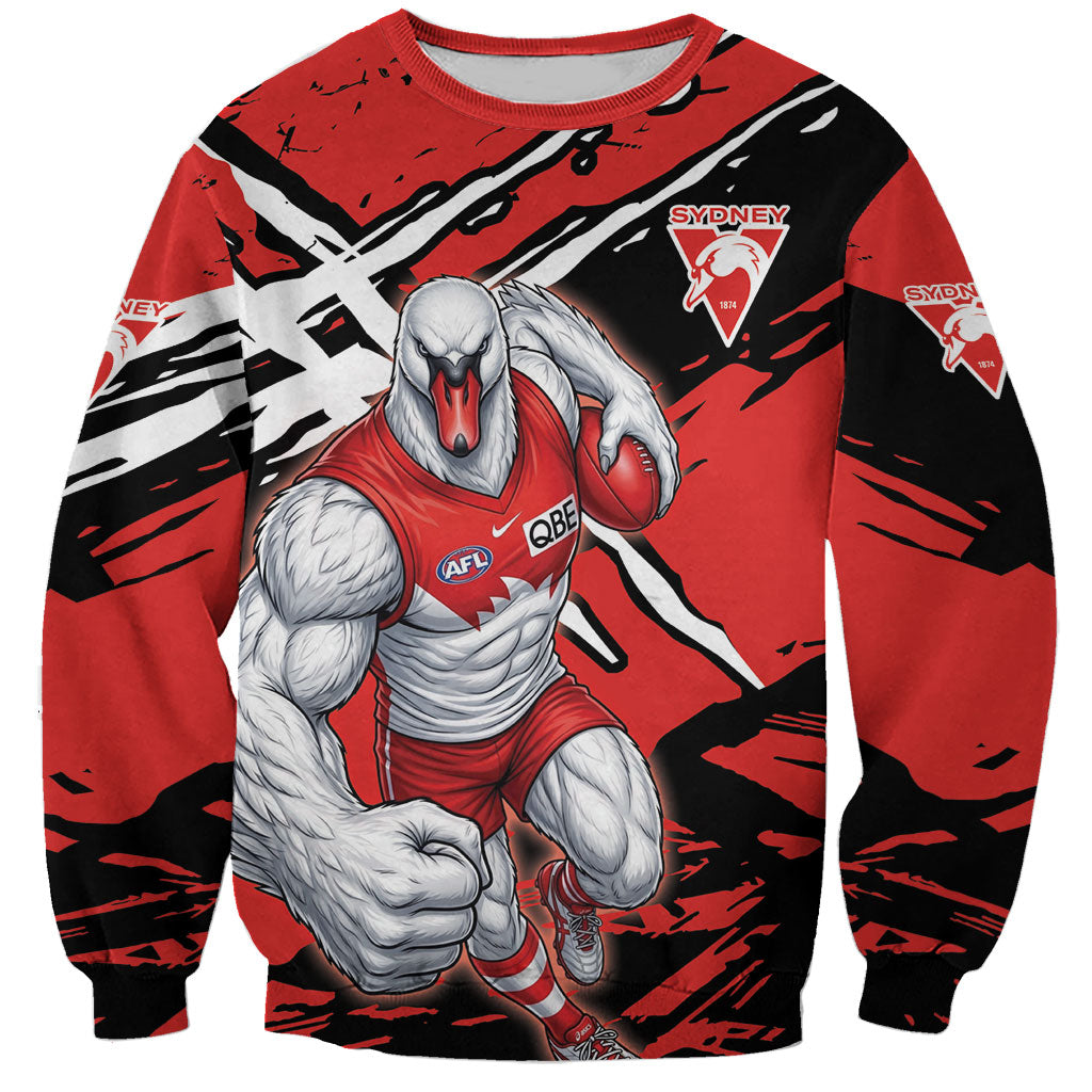 Sydney Swans Football Club Sweatshirt Swans Muscular Mascot Graphic - Abstract Paint Splatter Art