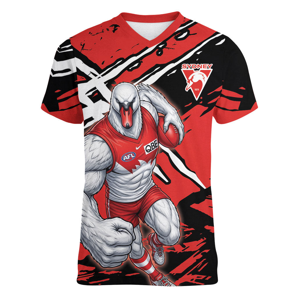 Sydney Swans Football Club Women V-Neck T-Shirt Swans Muscular Mascot Graphic - Abstract Paint Splatter Art