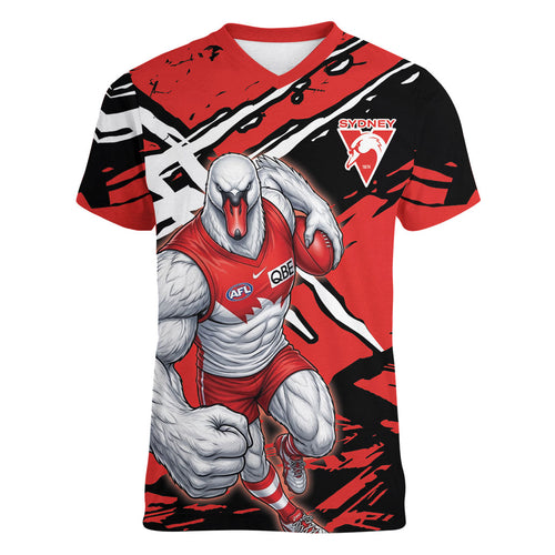 Sydney Swans Football Club Women V-Neck T-Shirt Swans Muscular Mascot Graphic - Abstract Paint Splatter Art