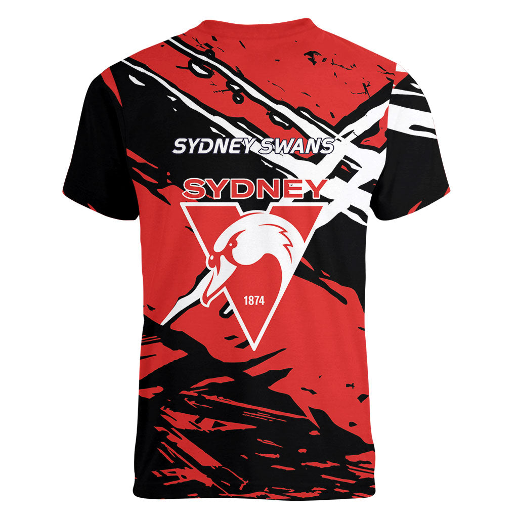 Sydney Swans Football Club Women V-Neck T-Shirt Swans Muscular Mascot Graphic - Abstract Paint Splatter Art