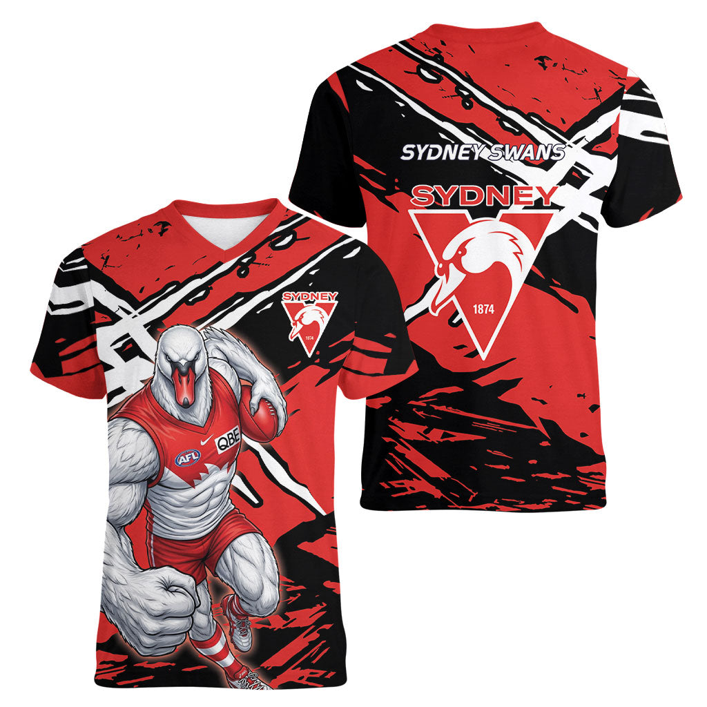 Sydney Swans Football Club Women V-Neck T-Shirt Swans Muscular Mascot Graphic - Abstract Paint Splatter Art