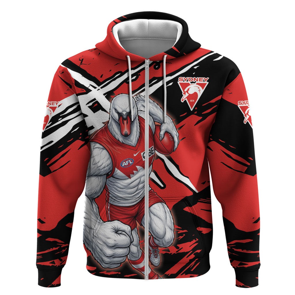 Sydney Swans Football Club Zip Hoodie Swans Muscular Mascot Graphic - Abstract Paint Splatter Art