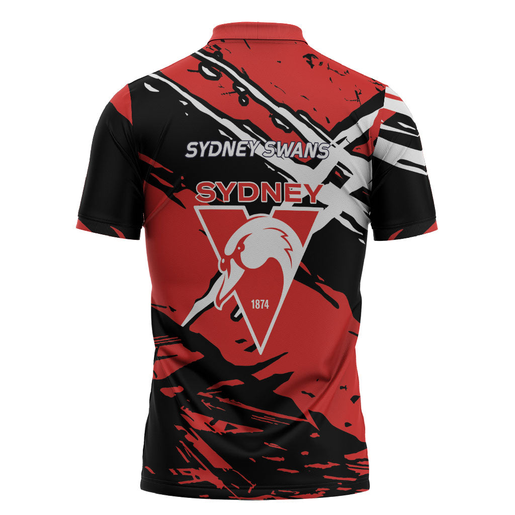 Sydney Swans Football Club Zipper Polo Shirt Swans Muscular Mascot Graphic - Abstract Paint Splatter Art