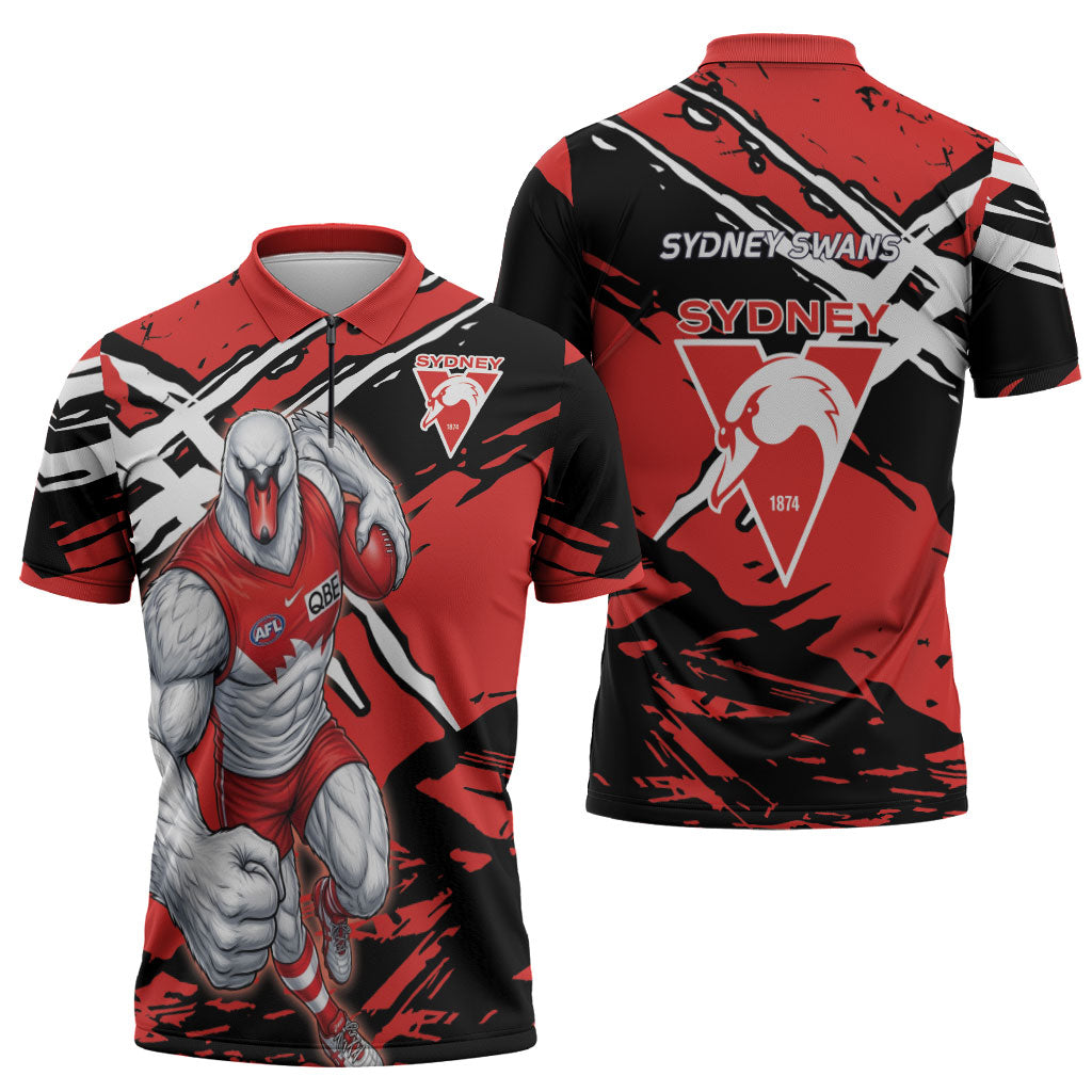 Sydney Swans Football Club Zipper Polo Shirt Swans Muscular Mascot Graphic - Abstract Paint Splatter Art
