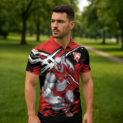 Sydney Swans Football Club Zipper Polo Shirt Swans Muscular Mascot Graphic - Abstract Paint Splatter Art