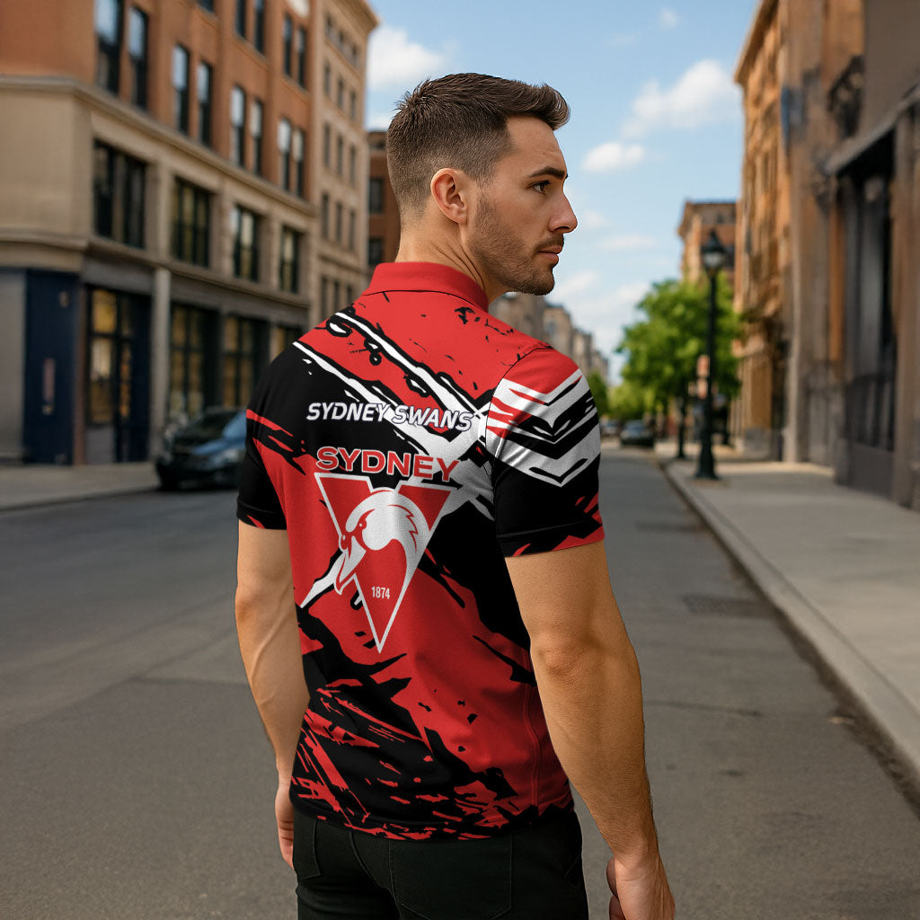 Sydney Swans Football Club Zipper Polo Shirt Swans Muscular Mascot Graphic - Abstract Paint Splatter Art
