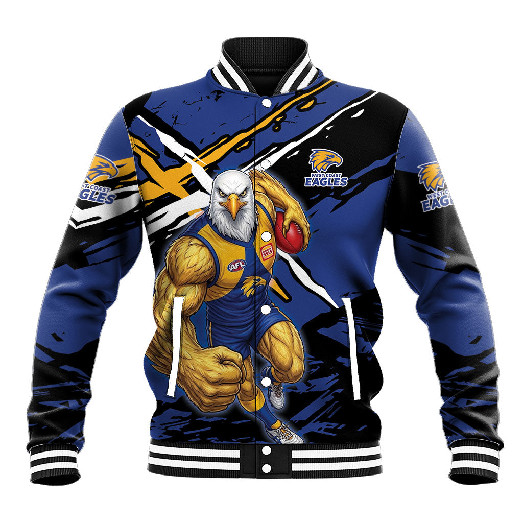 West Coast Eagles Baseball Jacket Eagles Muscular Mascot Graphic - Abstract Paint Splatter Art