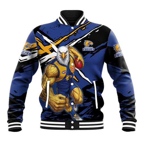 West Coast Eagles Baseball Jacket Eagles Muscular Mascot Graphic - Abstract Paint Splatter Art
