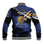 West Coast Eagles Baseball Jacket Eagles Muscular Mascot Graphic - Abstract Paint Splatter Art