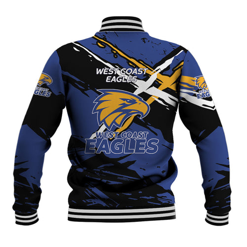 West Coast Eagles Baseball Jacket Eagles Muscular Mascot Graphic - Abstract Paint Splatter Art