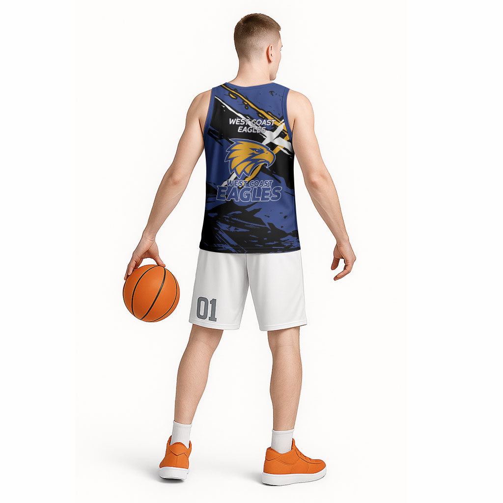 West Coast Eagles Basketball Jersey Eagles Muscular Mascot Graphic - Abstract Paint Splatter Art