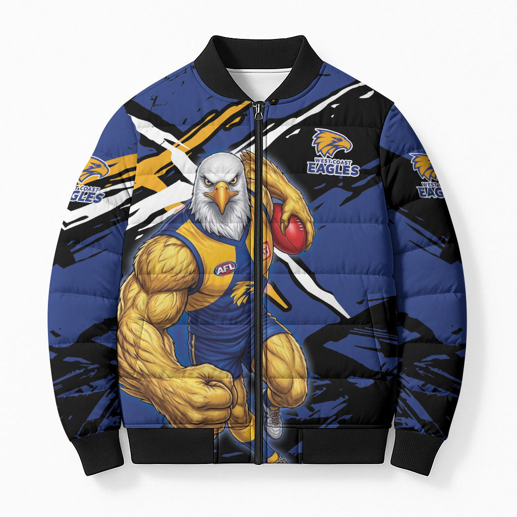 West Coast Eagles Bomber Puffer Jacket Eagles Muscular Mascot Graphic - Abstract Paint Splatter Art