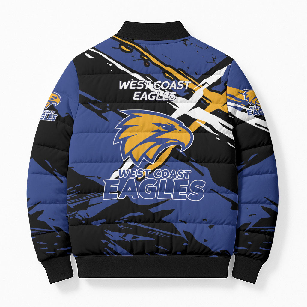 West Coast Eagles Bomber Puffer Jacket Eagles Muscular Mascot Graphic - Abstract Paint Splatter Art