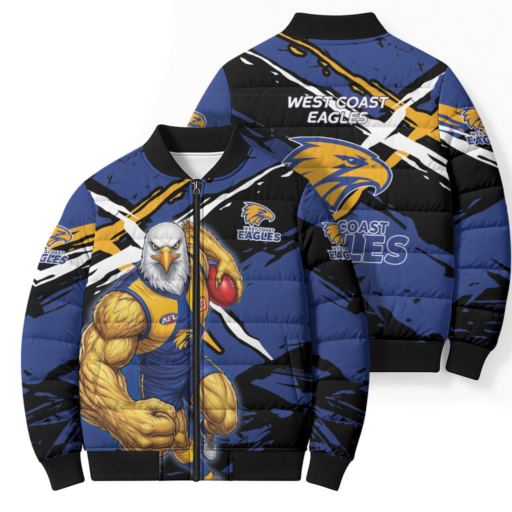 West Coast Eagles Bomber Puffer Jacket Eagles Muscular Mascot Graphic - Abstract Paint Splatter Art