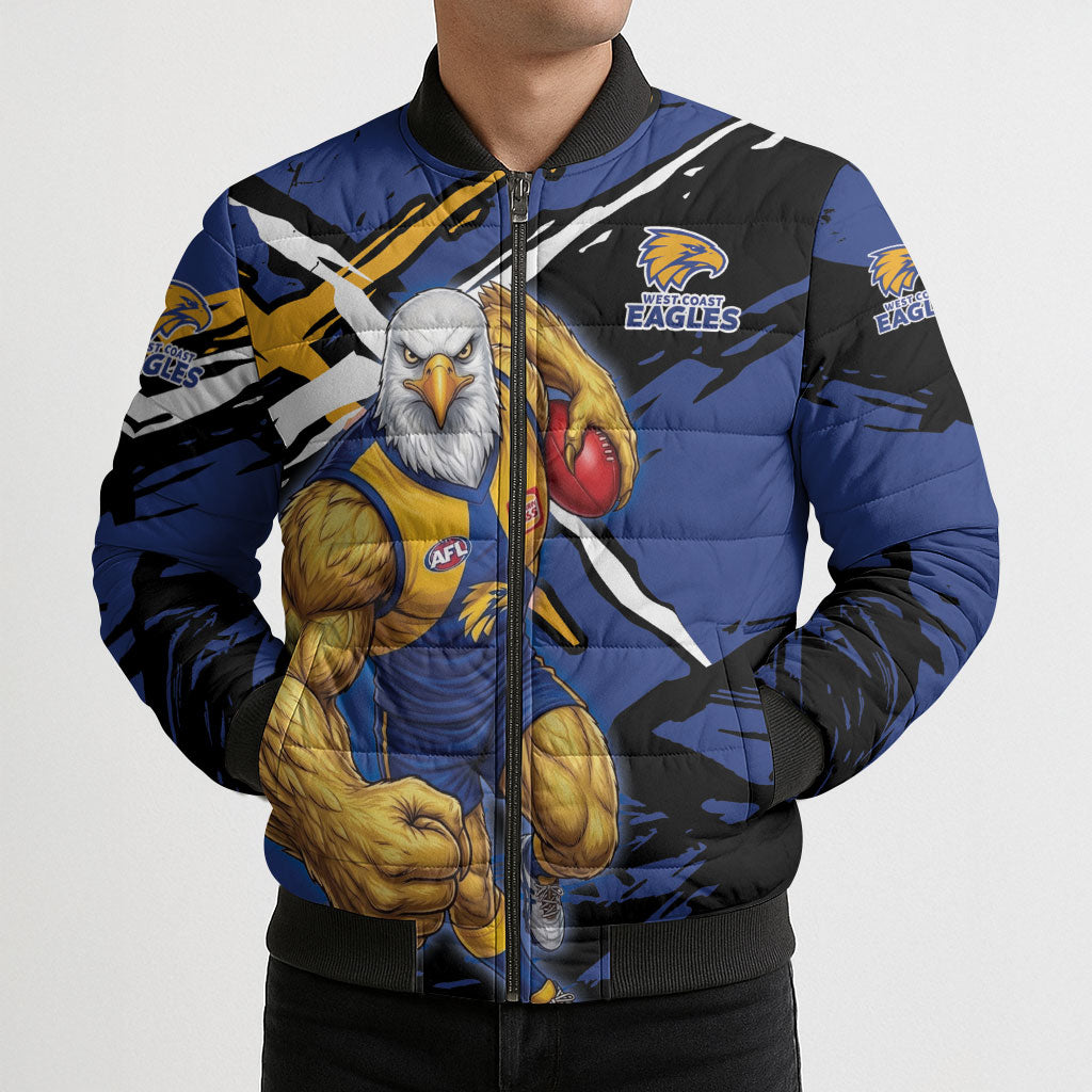 West Coast Eagles Bomber Puffer Jacket Eagles Muscular Mascot Graphic - Abstract Paint Splatter Art