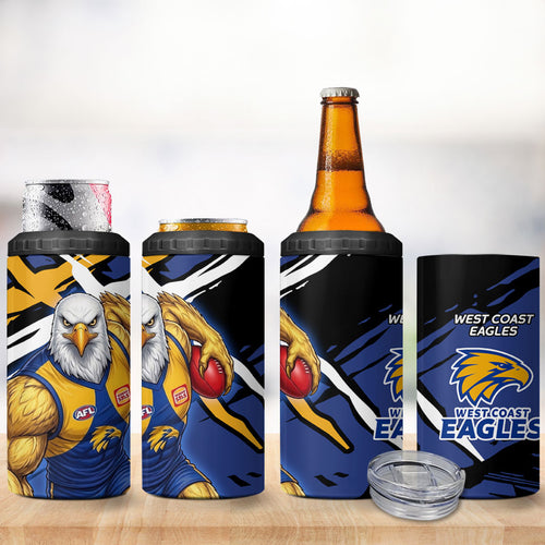 West Coast Eagles 4 in 1 Can Cooler Tumbler Eagles Muscular Mascot Graphic - Abstract Paint Splatter Art