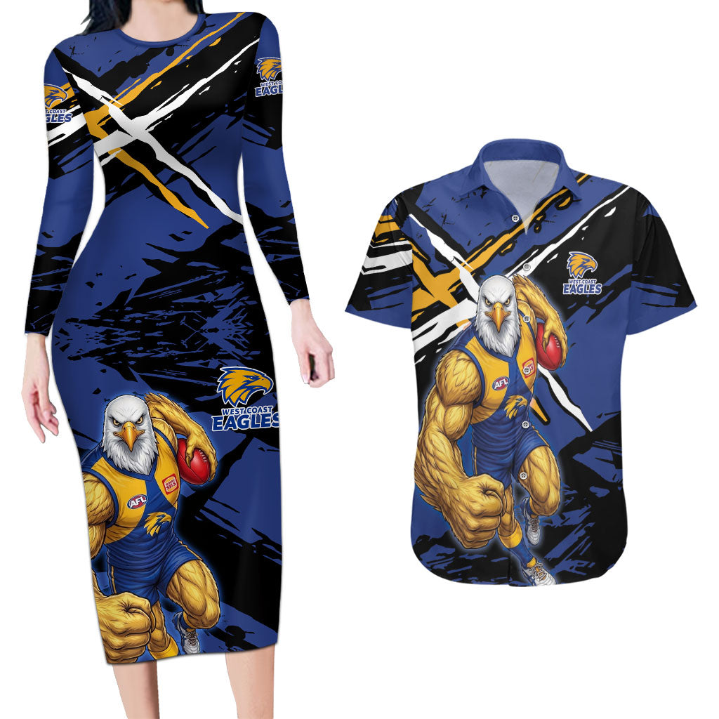 West Coast Eagles Couples Matching Long Sleeve Bodycon Dress and Hawaiian Shirt Eagles Muscular Mascot Graphic - Abstract Paint Splatter Art
