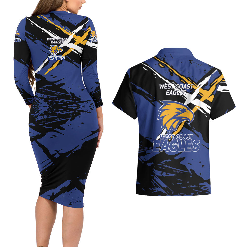 West Coast Eagles Couples Matching Long Sleeve Bodycon Dress and Hawaiian Shirt Eagles Muscular Mascot Graphic - Abstract Paint Splatter Art