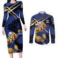 West Coast Eagles Couples Matching Long Sleeve Bodycon Dress and Long Sleeve Button Shirt Eagles Muscular Mascot Graphic - Abstract Paint Splatter Art