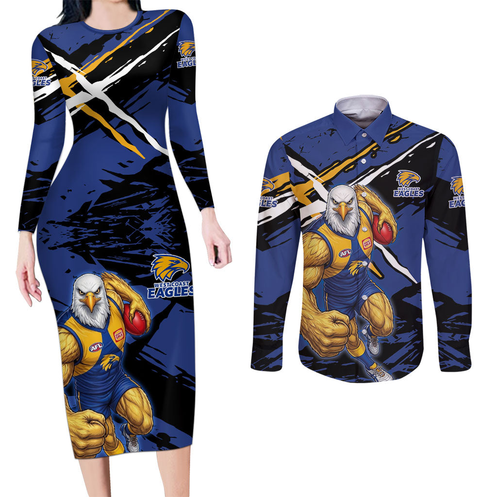 West Coast Eagles Couples Matching Long Sleeve Bodycon Dress and Long Sleeve Button Shirt Eagles Muscular Mascot Graphic - Abstract Paint Splatter Art