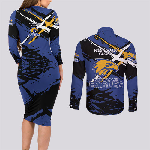 West Coast Eagles Couples Matching Long Sleeve Bodycon Dress and Long Sleeve Button Shirt Eagles Muscular Mascot Graphic - Abstract Paint Splatter Art