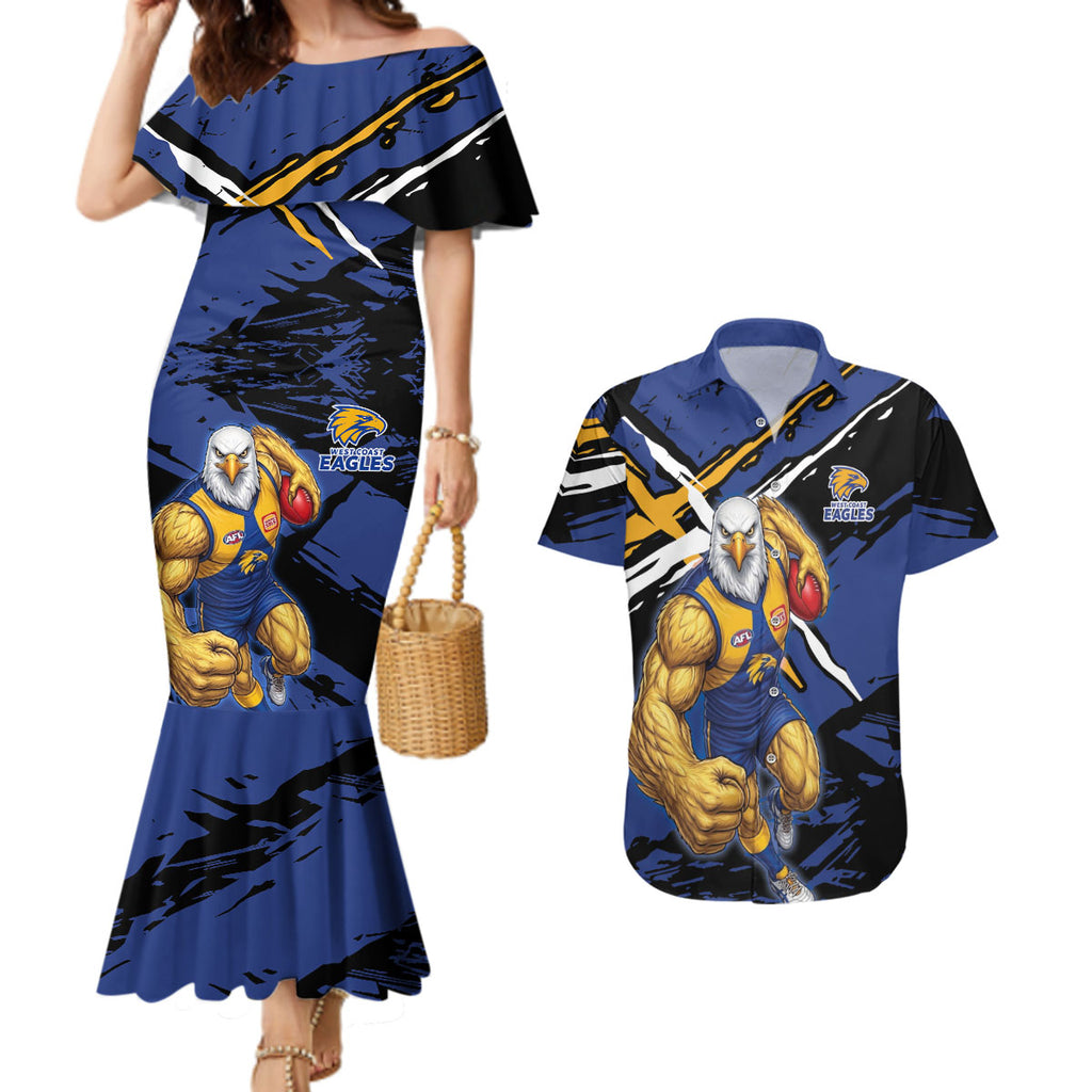 West Coast Eagles Couples Matching Mermaid Dress and Hawaiian Shirt Eagles Muscular Mascot Graphic - Abstract Paint Splatter Art