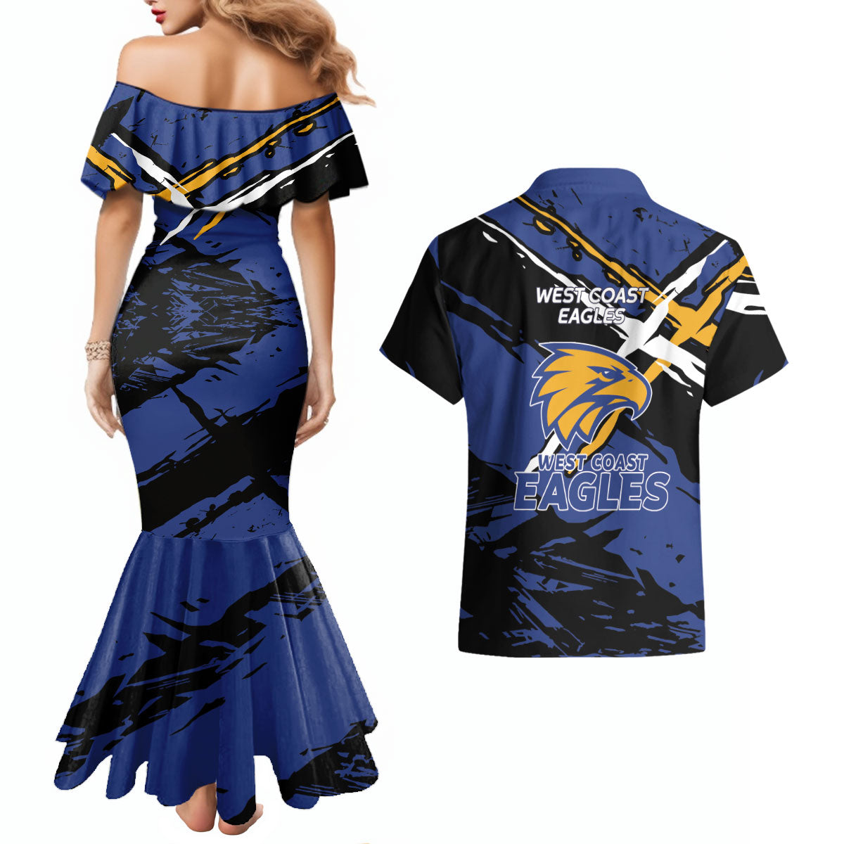 West Coast Eagles Couples Matching Mermaid Dress and Hawaiian Shirt Eagles Muscular Mascot Graphic - Abstract Paint Splatter Art