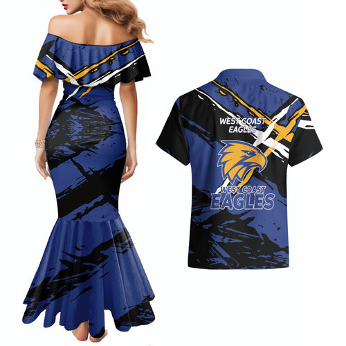 West Coast Eagles Couples Matching Mermaid Dress and Hawaiian Shirt Eagles Muscular Mascot Graphic - Abstract Paint Splatter Art